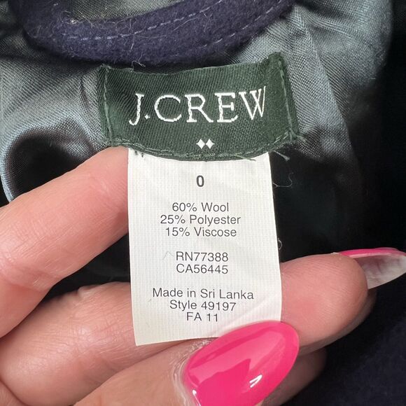 J. Crew Size 0 Peacoat Coat Wool Blend Navy Double Breasted Collared Pockets - Picture 6 of 8